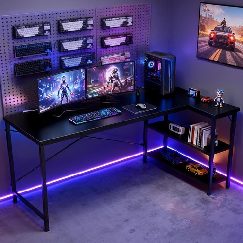 DUMOS L-Shaped Desk - 47-Inch Computer Desk with Reversible Storage Shelves | Modern Black Home Office Furniture