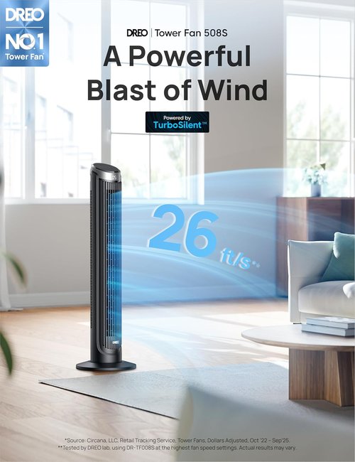 DREO Smart Tower Fan - 90° Oscillating 40" Standing Fan with 5 Speeds & Quiet Operation | Voice Control, Silver