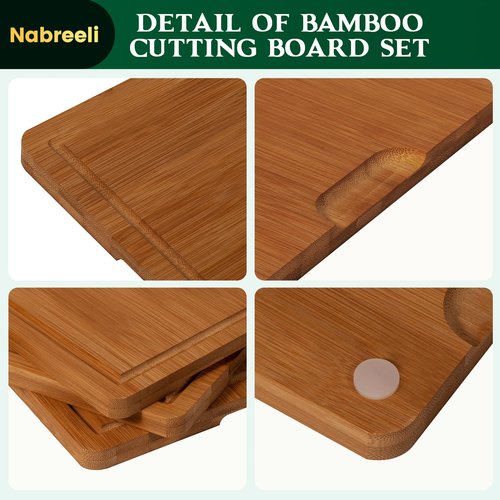 Bamboo Cutting Board Set, Wood Chopping Boards with Juice Groove & Non-Slip Feet, Large Wooden Boards for Meat, Cheese Charcuterie, Kitchen Gifts for Mom