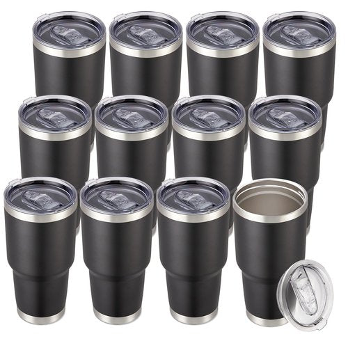 Cool Yoleb 30 oz Tumbler with Lid Stainless Steel Tumblers Bulk Vacuum Insulated Cup Reusable Powder Coated Travel Mug Double Wall Leak Proof Cups Keep Cold Drinks for 12 Hours Black, Set of 12