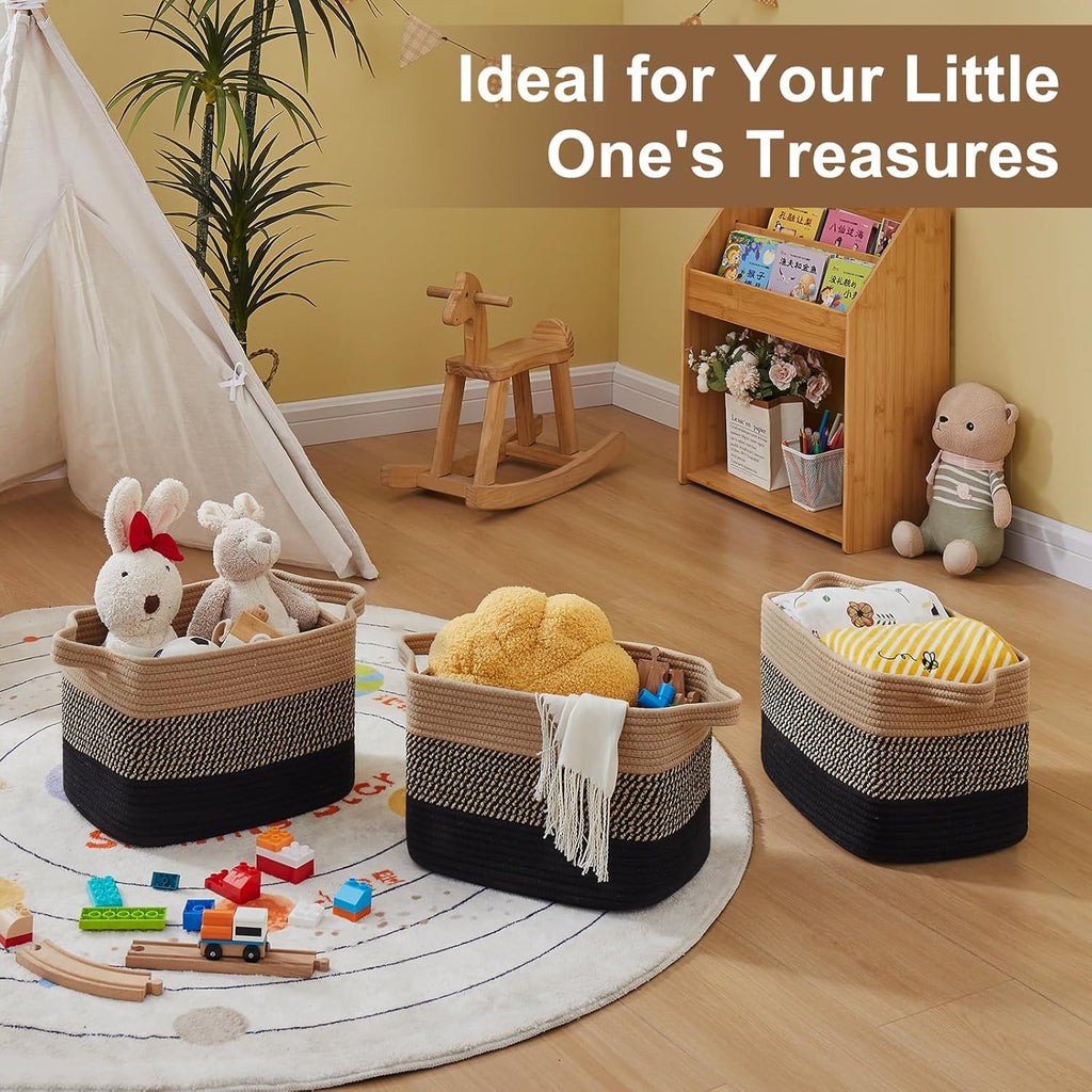 OIASKET Storage Basket - Woven Organizing Bins for Toys, Books & Nursery | Pack of 3 (Black & Brown, 13"x9.85"x8.7")