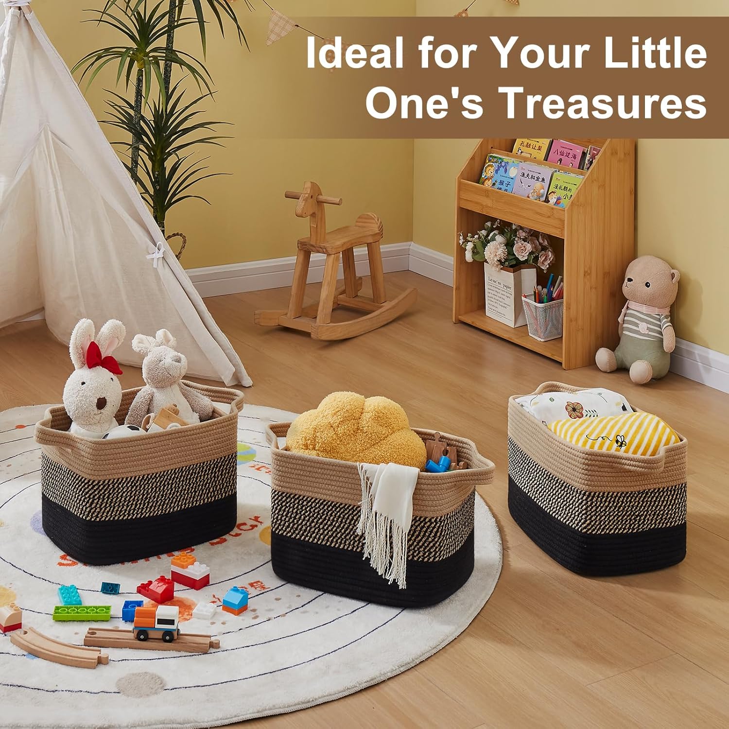 OIASKET Storage Basket - Woven Organizing Bins for Toys, Books & Nursery | Pack of 3 (Black & Brown, 13"x9.85"x8.7")