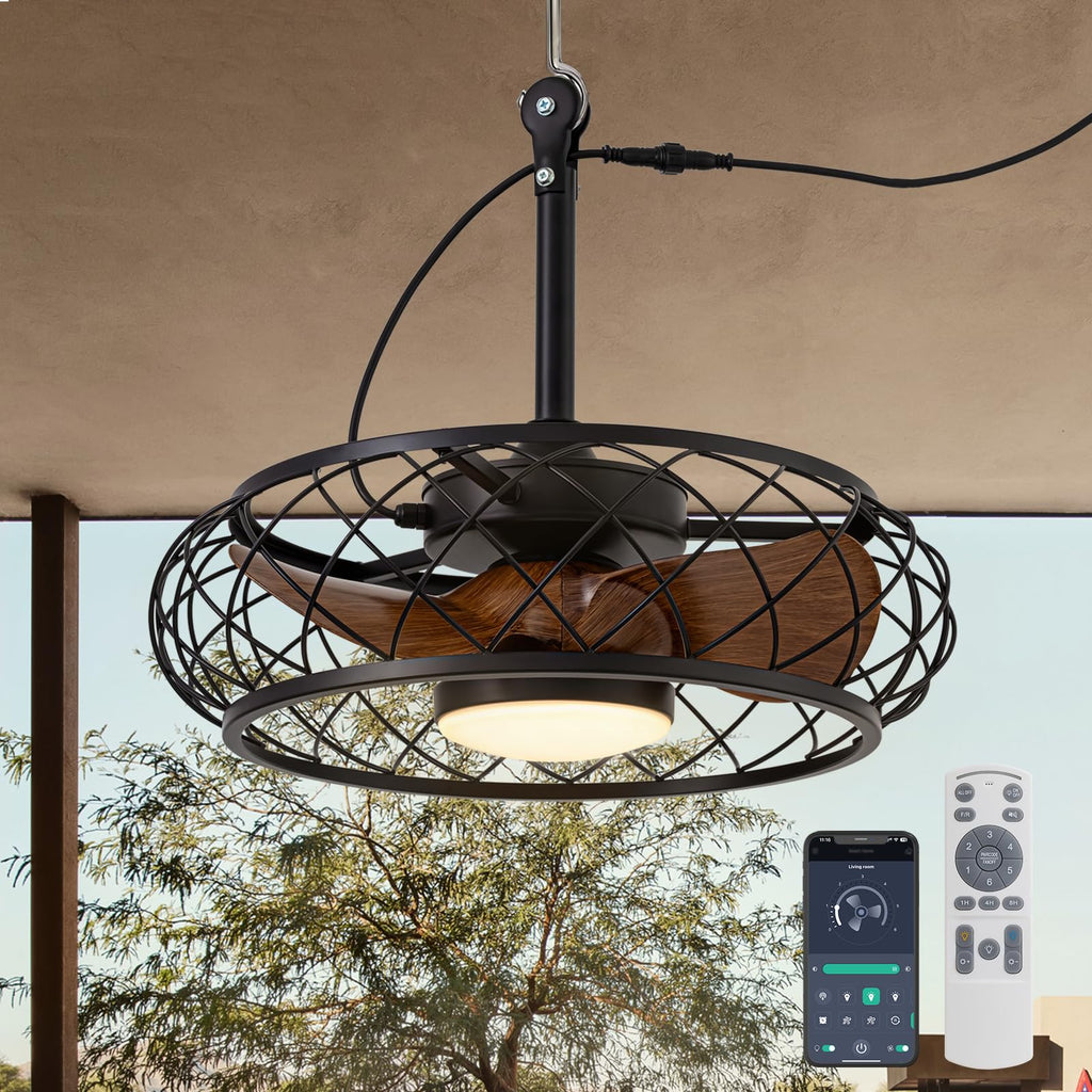 CROSSIO 20'' Outdoor Ceiling Fans with Lights, Gazebo Fan Wet Rated Remote&APP Control, Plug in Ceiling Fan for Patios, Pergola, Ceiling Fan with Remote Control, Hanging with Hook,Black