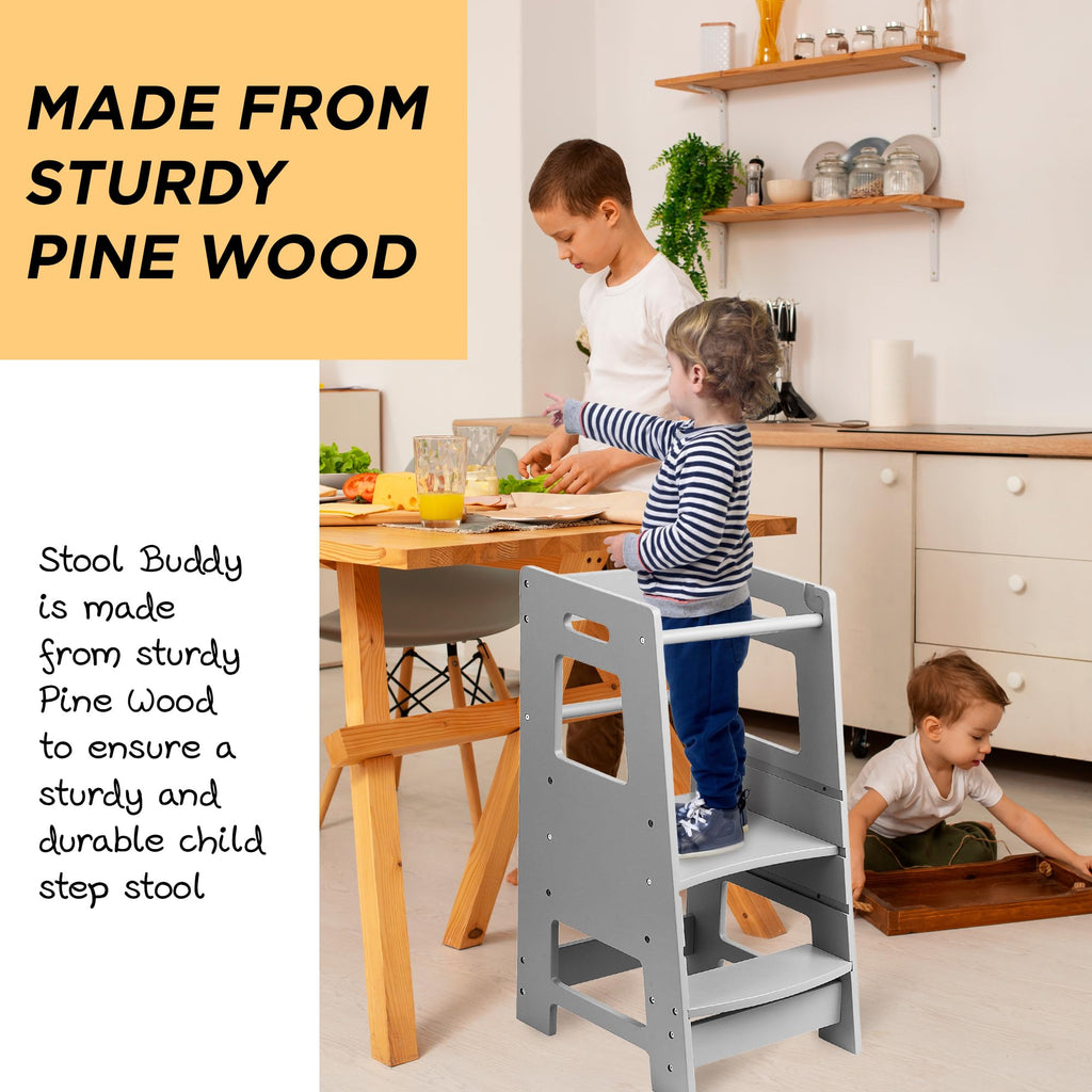 FOSSICS Stool Buddy Child Step Stool Tower for Kids | Toddler Wood Stepping Stool with Safety Rail | 3 Adjustable Heights | for Kids use in Kitchen or Bathroom [Grey]
