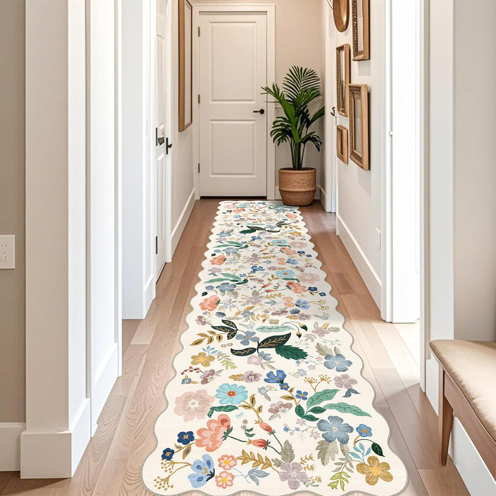 Skiennix Washable 3x12 Hallway Runner Rug - Soft Floral Non-Slip Carpet for Entryway, Kitchen & Nursery | Water-Resistant, Lightweight, Cream