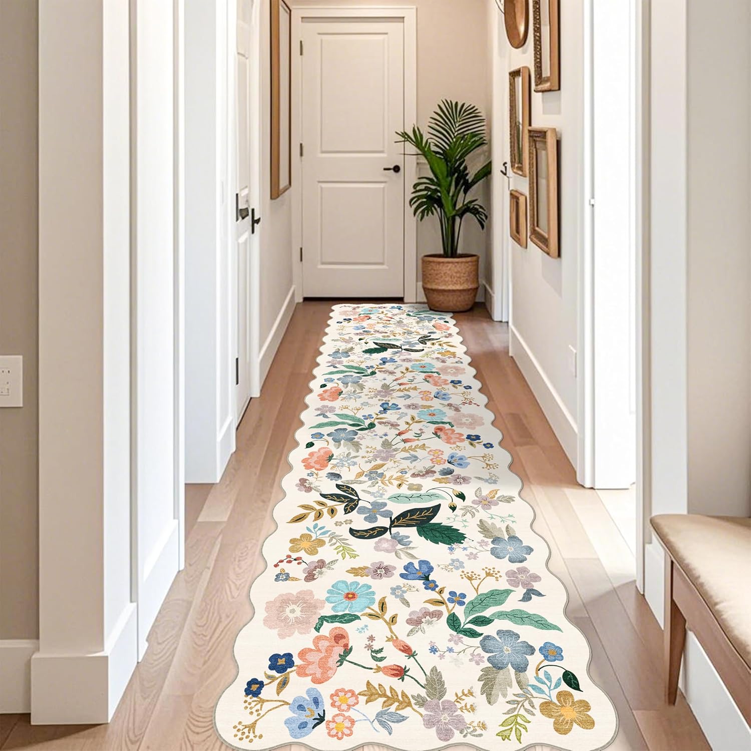 Skiennix Washable 3x12 Hallway Runner Rug - Soft Floral Non-Slip Carpet for Entryway, Kitchen & Nursery | Water-Resistant, Lightweight, Cream