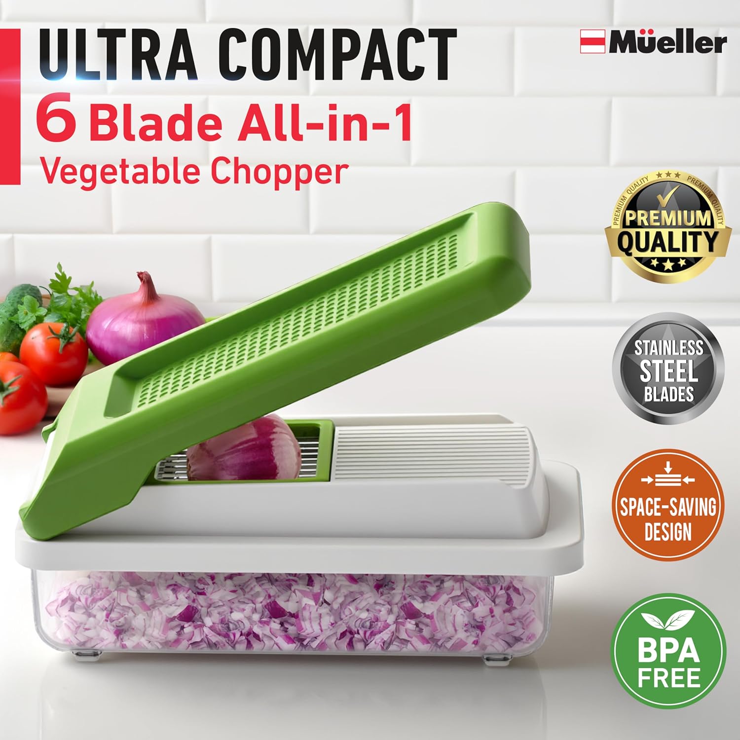 Mueller Vegetable Chopper - Mandoline Slicer & Cheese Grater with Container | White Sand/Green