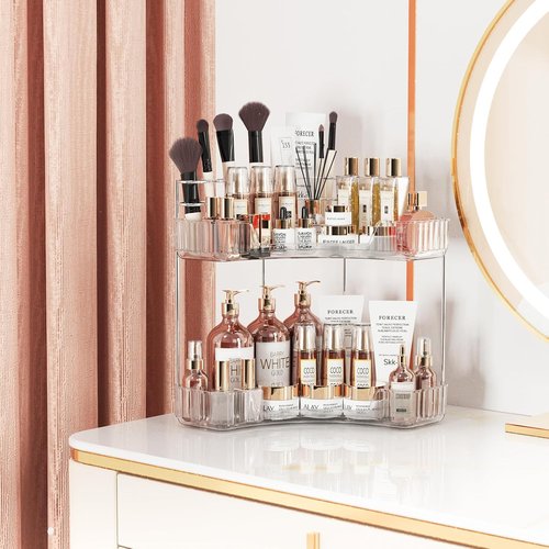 Asayuee 2-Tier Corner Bathroom Organizer - Large Makeup & Skincare Storage | Clear Design