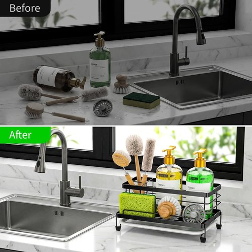 Cisily Large Black Kitchen Sponge Holder - Rustproof Sink Organizer with Drip Tray | Essential Home Accessory