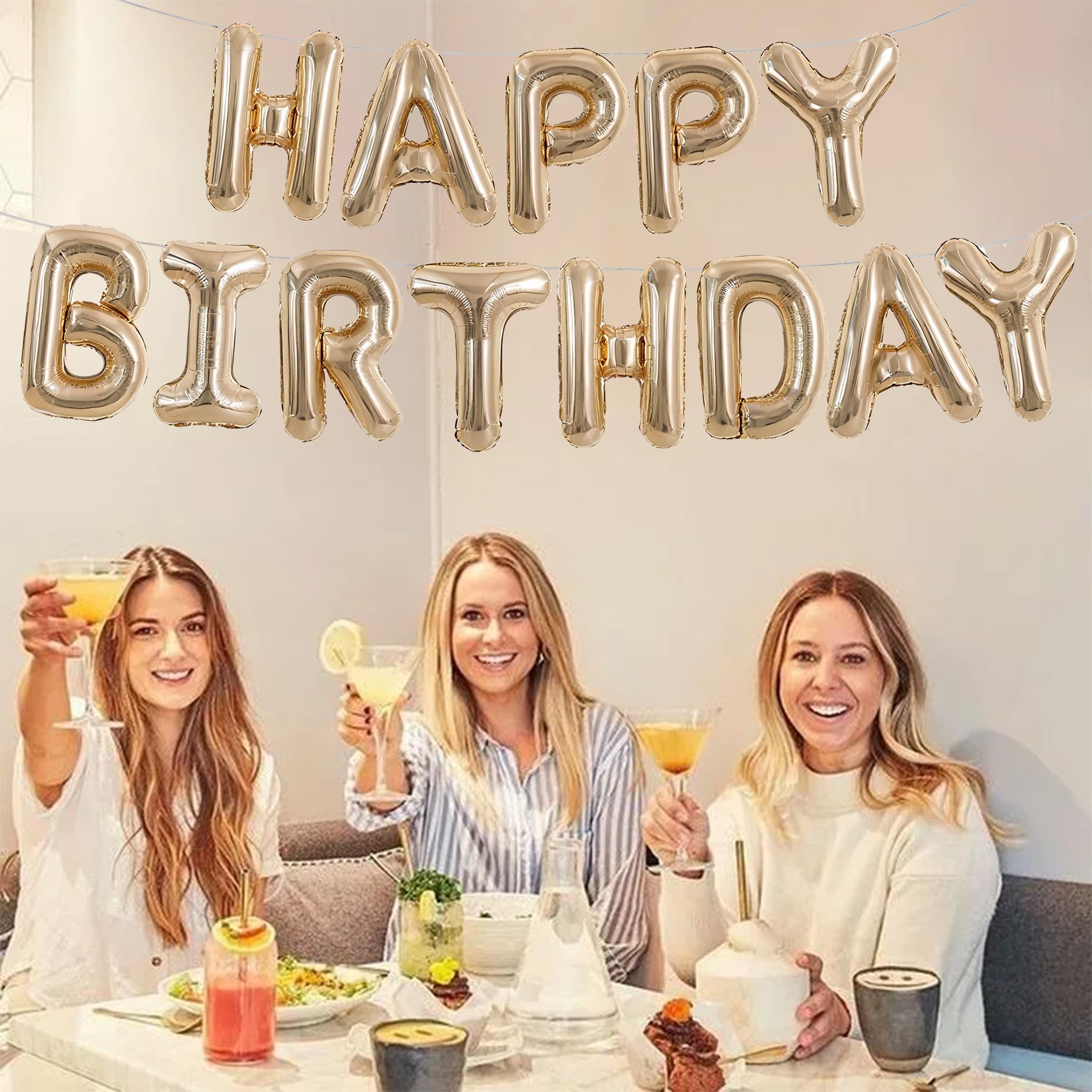 TONIFUL Happy Birthday Balloons Banner 16 Inch Mylar Foil Letters Birthday Sign Reusable for Girls Boys Kids & Adults Birthday Party Decorations Supplies（Champagne Gold ）