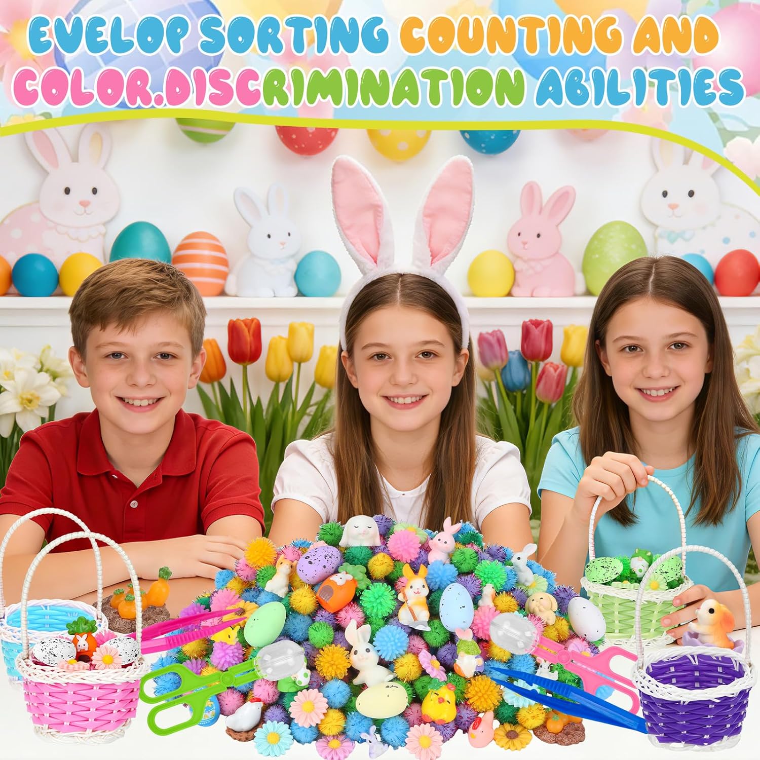 Spring Sensory Bin Filler by Easter | 287 Pcs with Eggs, Bunnies, Felt Flowers & Pom Poms