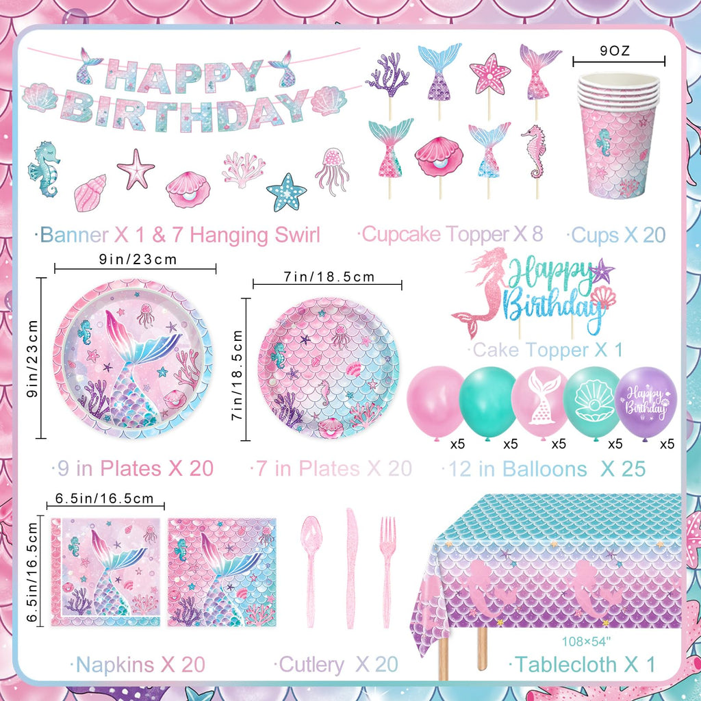 QIYANPAX Mermaid Birthday Decorations Supplies Plates, Napkins, Cups, Cutlery, Banner, Hanging Swirls, Cake & Cupcake Toppers, Balloons, Tablecloth for Mermaid Party Decorations, Serves 20