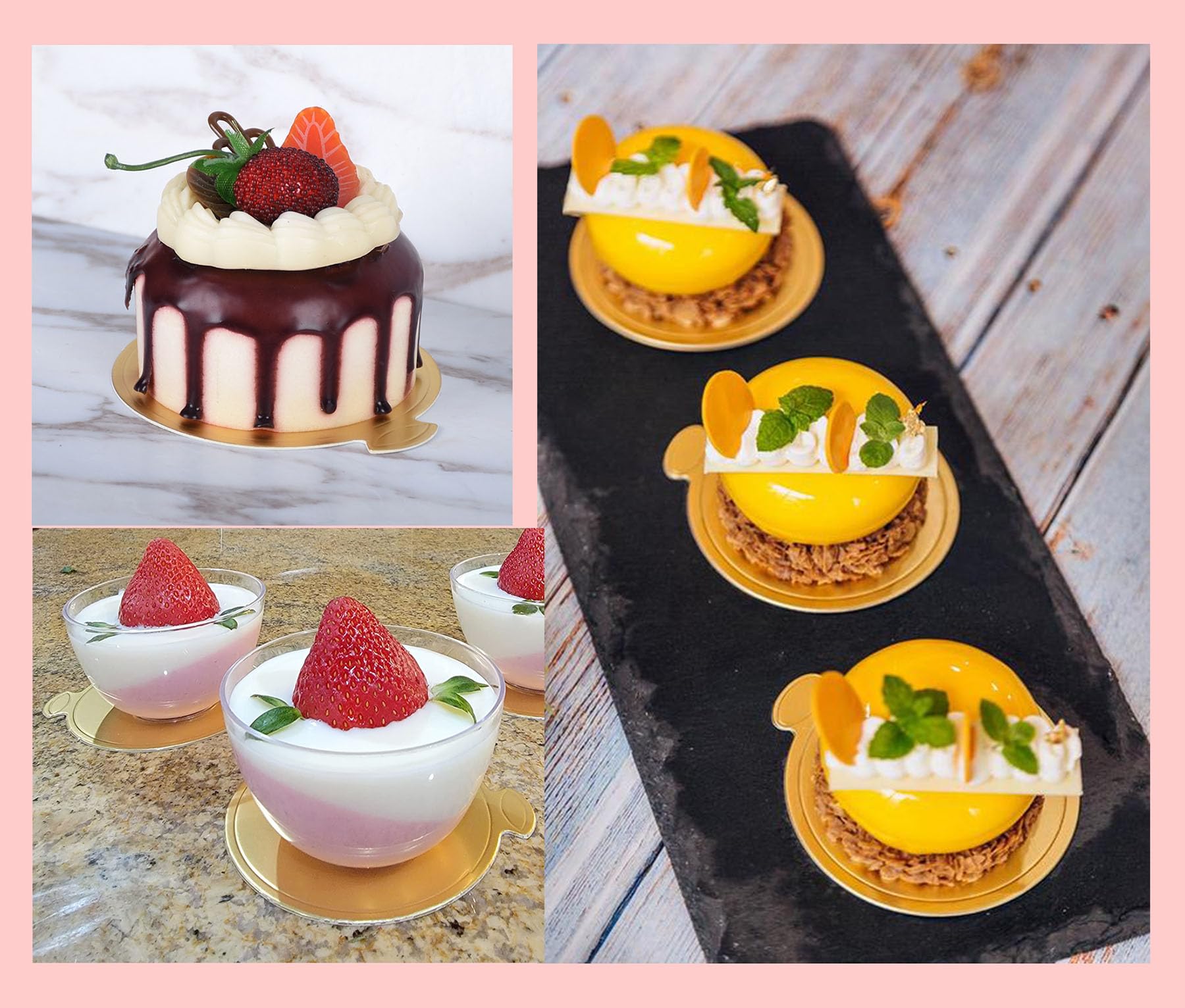 100pcs Mini Golden Cake Boards Round and Square Mousse Cupcake Base Paper Plates Dessert Board Circle Base for Cake DIY, Baking Dessert Party Wedding Birthday