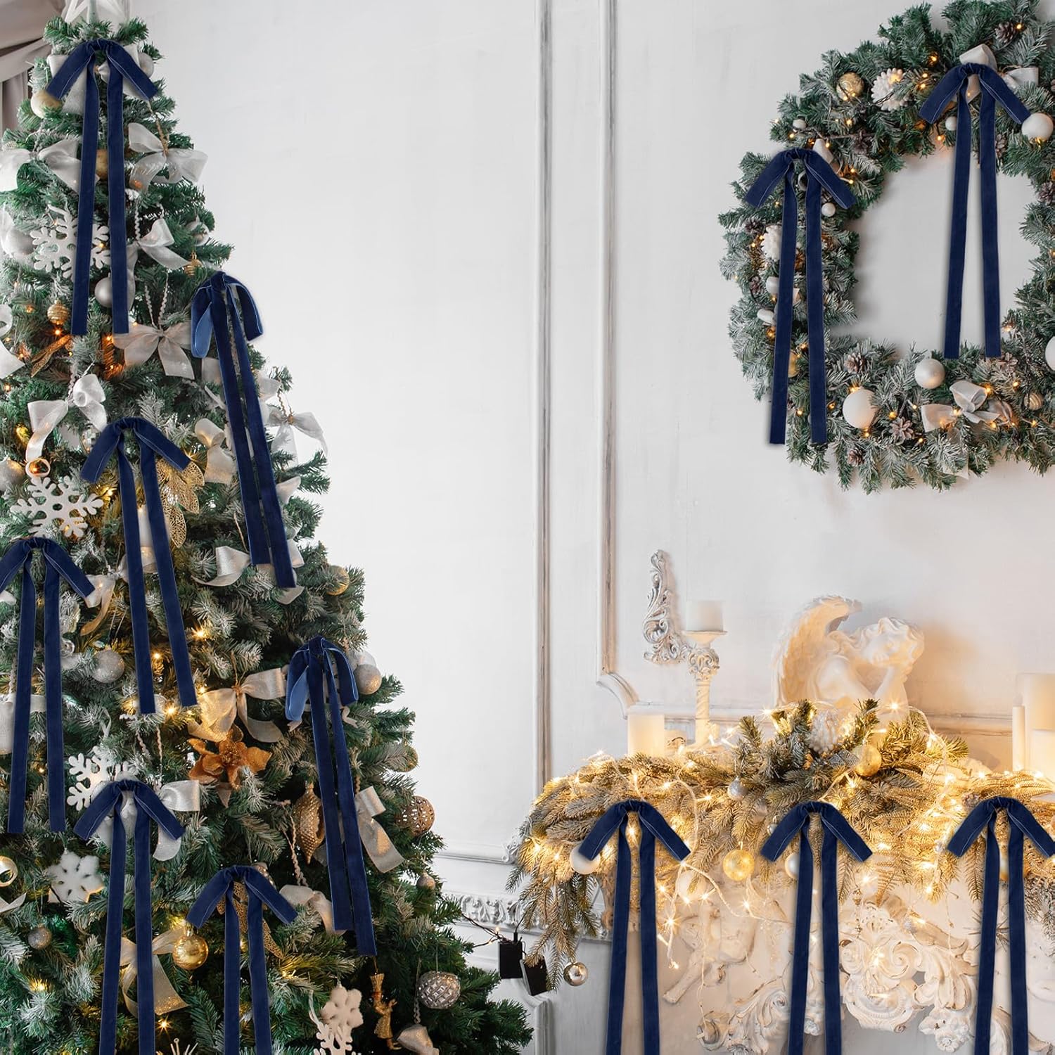 Skiennix 24 Pcs Velvet Bows - Vintage Ribbon Bows for Christmas Tree & Crafts | Navy Blue (9 x 13 Inch)