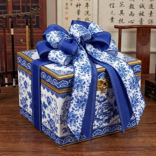 Chinoiserie Blue Wreath Bow - 21 Inch Large Floral Wired Ribbon for Spring Door Decor | Wedding Lantern Accent