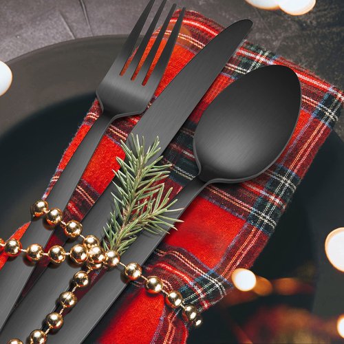 60-Piece Matte Black Silverware Set, E-far Stainless Steel Flatware Set Service for 12, Metal Cutlery Eating Utensils Tableware Includes Forks/Spoons/Knives, Square Edge