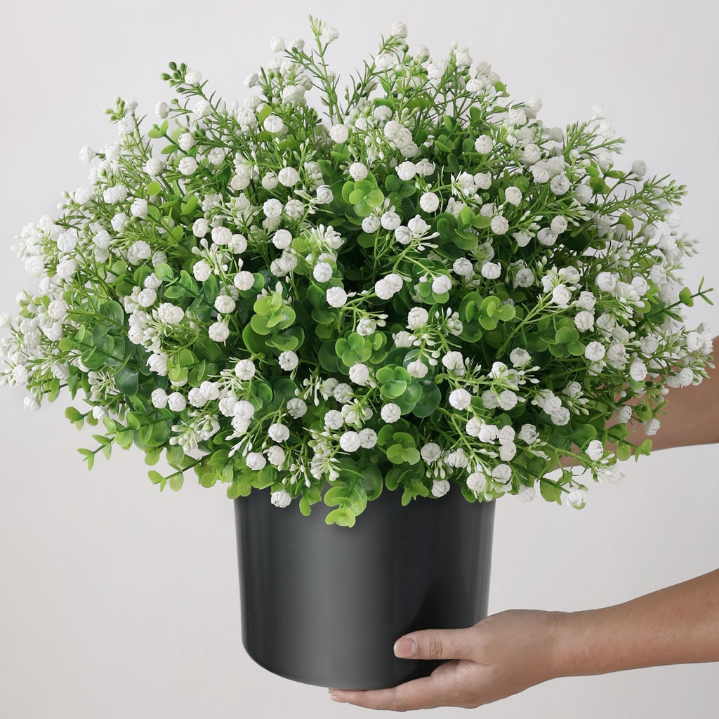 Artificial Eucalyptus with Baby's Breath Topiary Ball Trees - 2 Set Plastic Faux Eucalyptus Plants in Pot, Sun Resistant Fake Greenery Potted Bushes for Front Door Farmhouse Garden Porch Decor