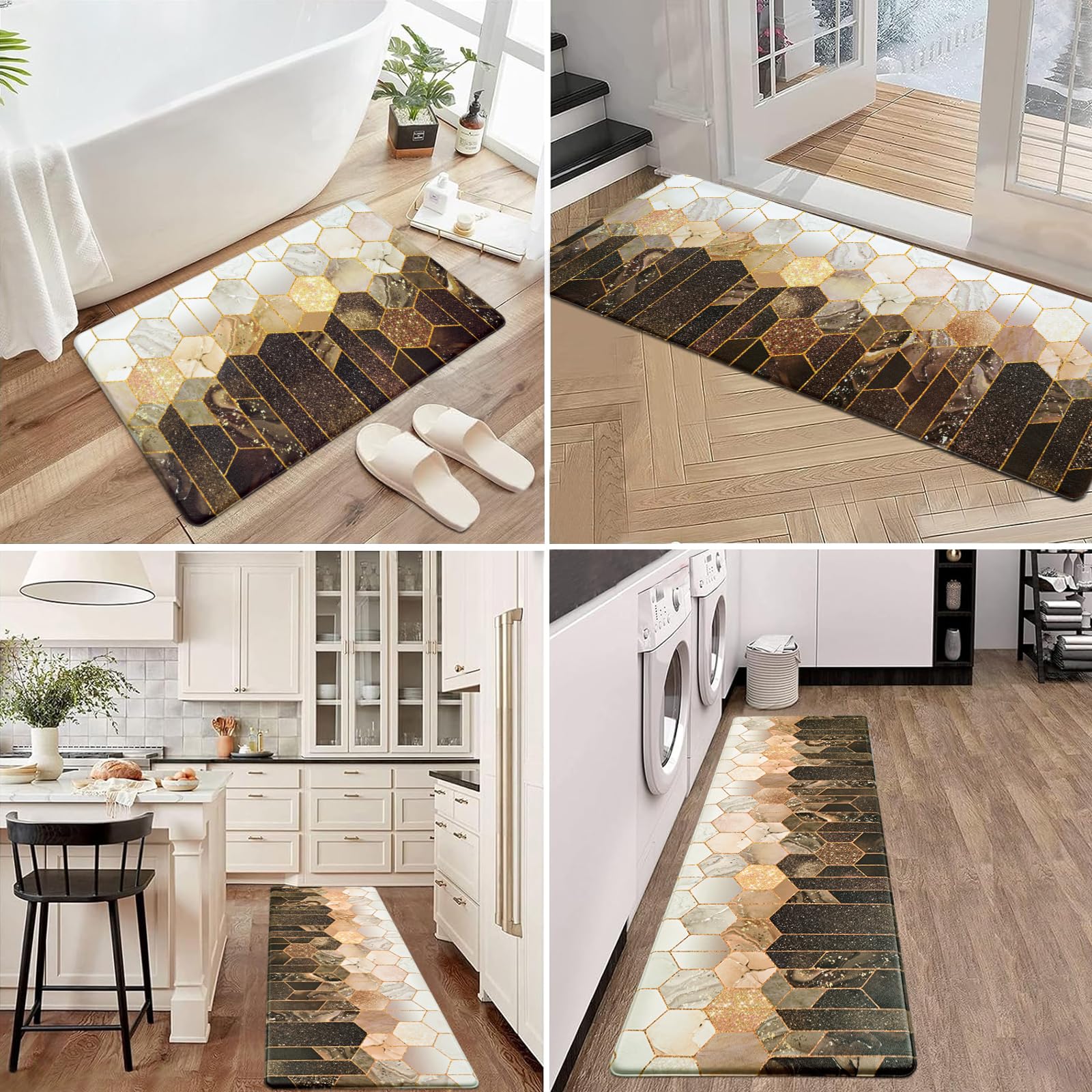 Likiyol Marble Kitchen Mats for Floor [3 PCS] Anti Fatigue Mats for Kitchen Floor, Brown Gold Ombre Kitchen Rugs Non Slip Washable Comfort Kitchen Floor Mat, 18'' x 30'' + 18'' x 48'' + 18'' x 60''