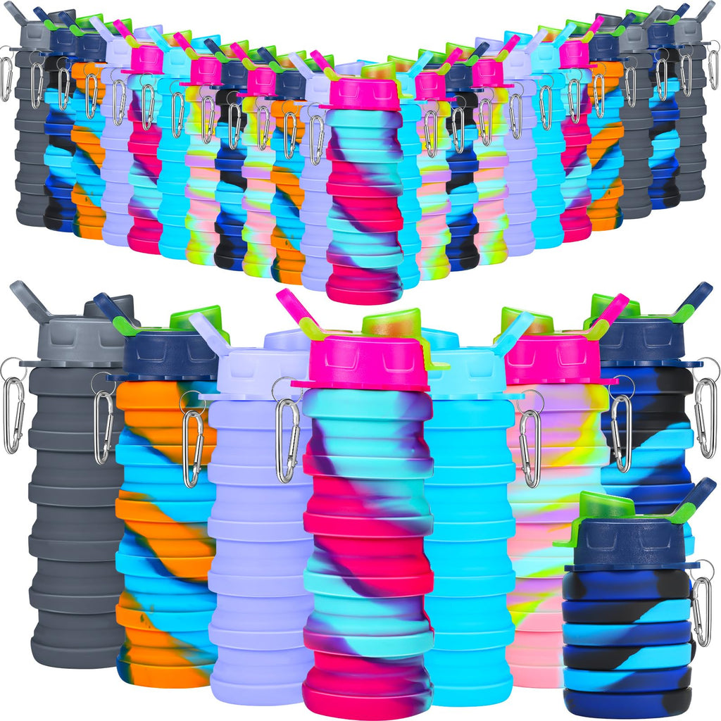 Sunnyray Collapsible Water Bottles Bulk Foldable Water Bottles 17oz Silicone Portable Leak Proof Reusable Sports with Clip for Travel Hiking Camping Outdoor(Camouflage,30 Pack)