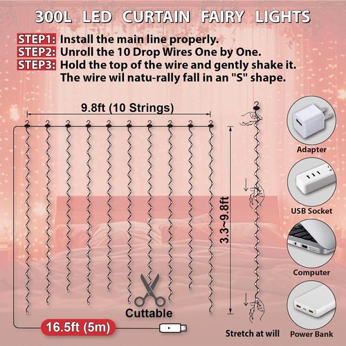 HXWEIYE 300LED Fairy Curtain Lights - 9.8x9.8Ft USB Plug-In with 8 Modes & Remote | Red Indoor Decor