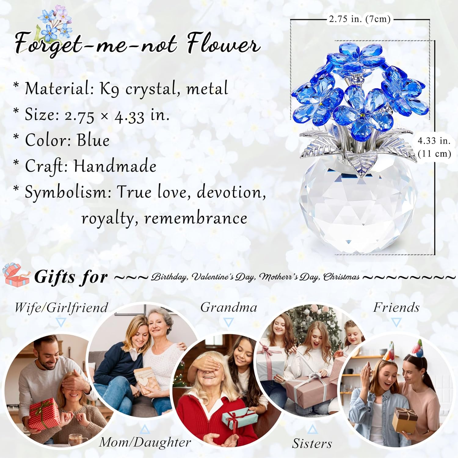 YWHL Blue Crystal Forget-Me-Not Flowers | Handmade Glass Bouquet Figurine for Tabletop Decor
