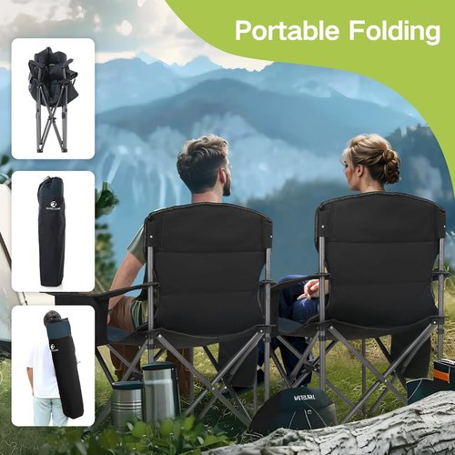 Green Party Folding Camping Chair - Oversized Heavy-Duty Lawn Chair with Cooler Bag & Cup Holder | Collapsible Padded Armchair
