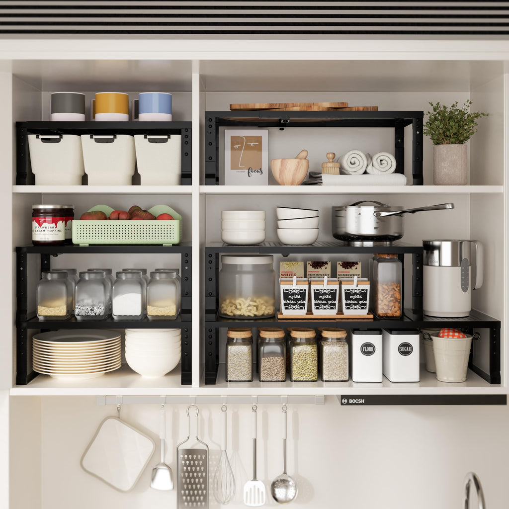 Zilvando Expandable Spice Rack & Kitchen Cabinet Organizer - Stackable, Adjustable Shelves for Cabinets, Countertops, Cupboards & Pantries(2 Packs/Medium/Black)