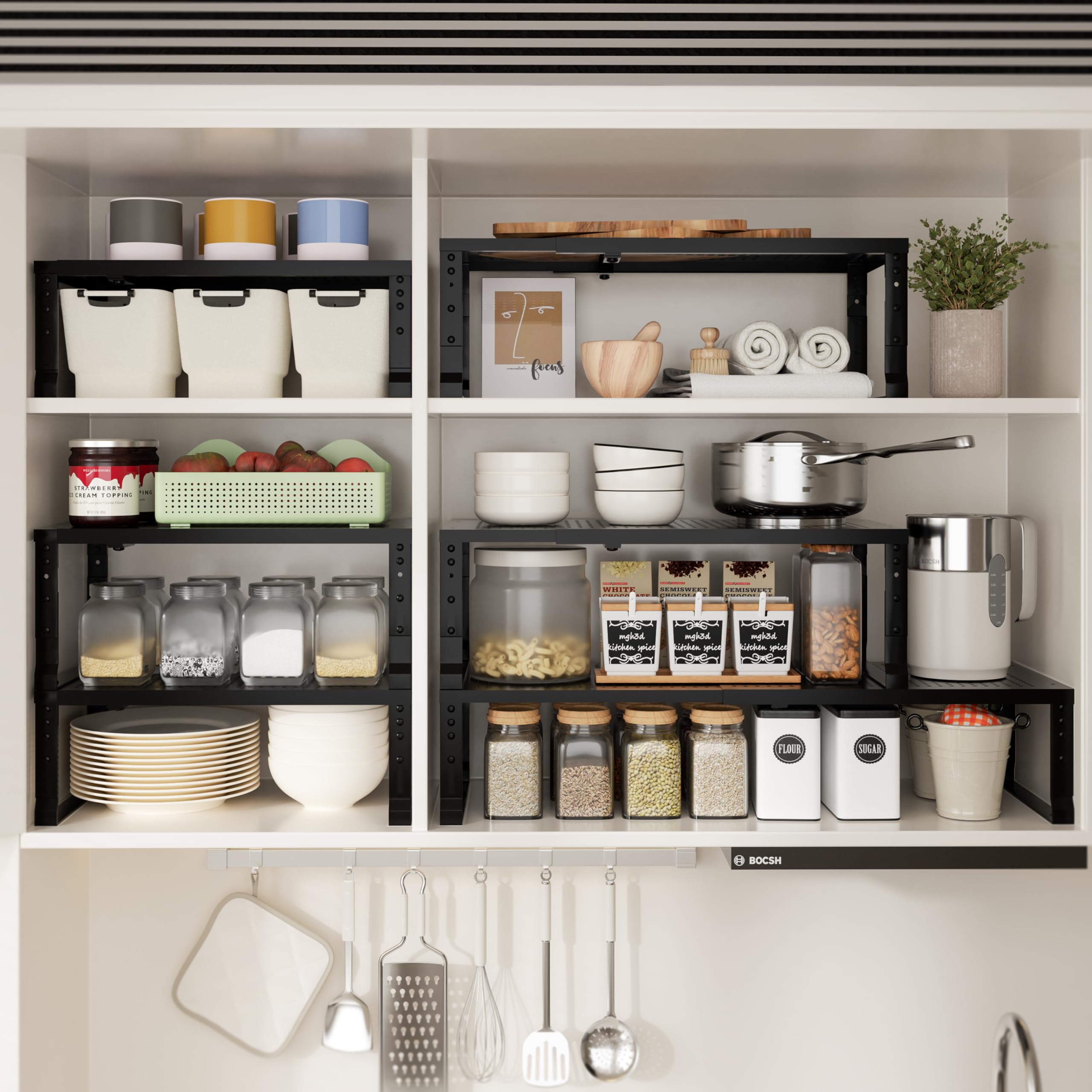 Zilvando Expandable Spice Rack & Kitchen Cabinet Organizer - Stackable, Adjustable Shelves for Cabinets, Countertops, Cupboards & Pantries(2 Packs/Medium/Black)