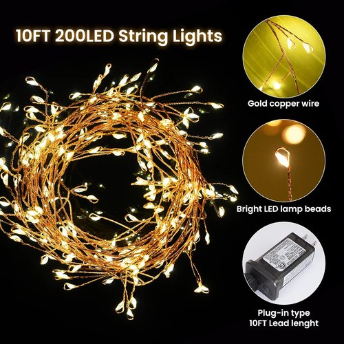 Dailyart 200 LED Fairy Lights - Warm Twinkle String Lights with Remote & Timer | 10ft Gold Wire for Bedroom, Party & Wedding Decor