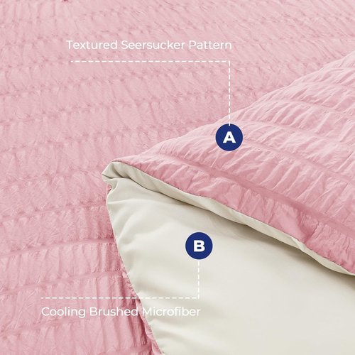 HYMOKEGE California King Comforter Set - Luxurious 7-Piece Seersucker Bedding in Pink/Ivory