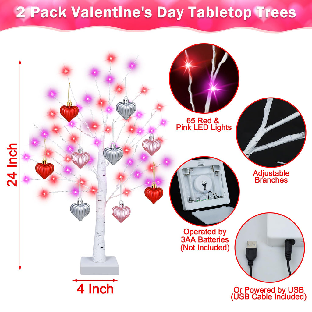 [Timer] Valentines Day Decorations Indoor 2 Pack 24 Inch Valentines Tree with 65 Red & Pink Lights 18 Hearts, USB & Battery Operated Valentines Decor, Valentines Day Decorations for Home Table Bedroom