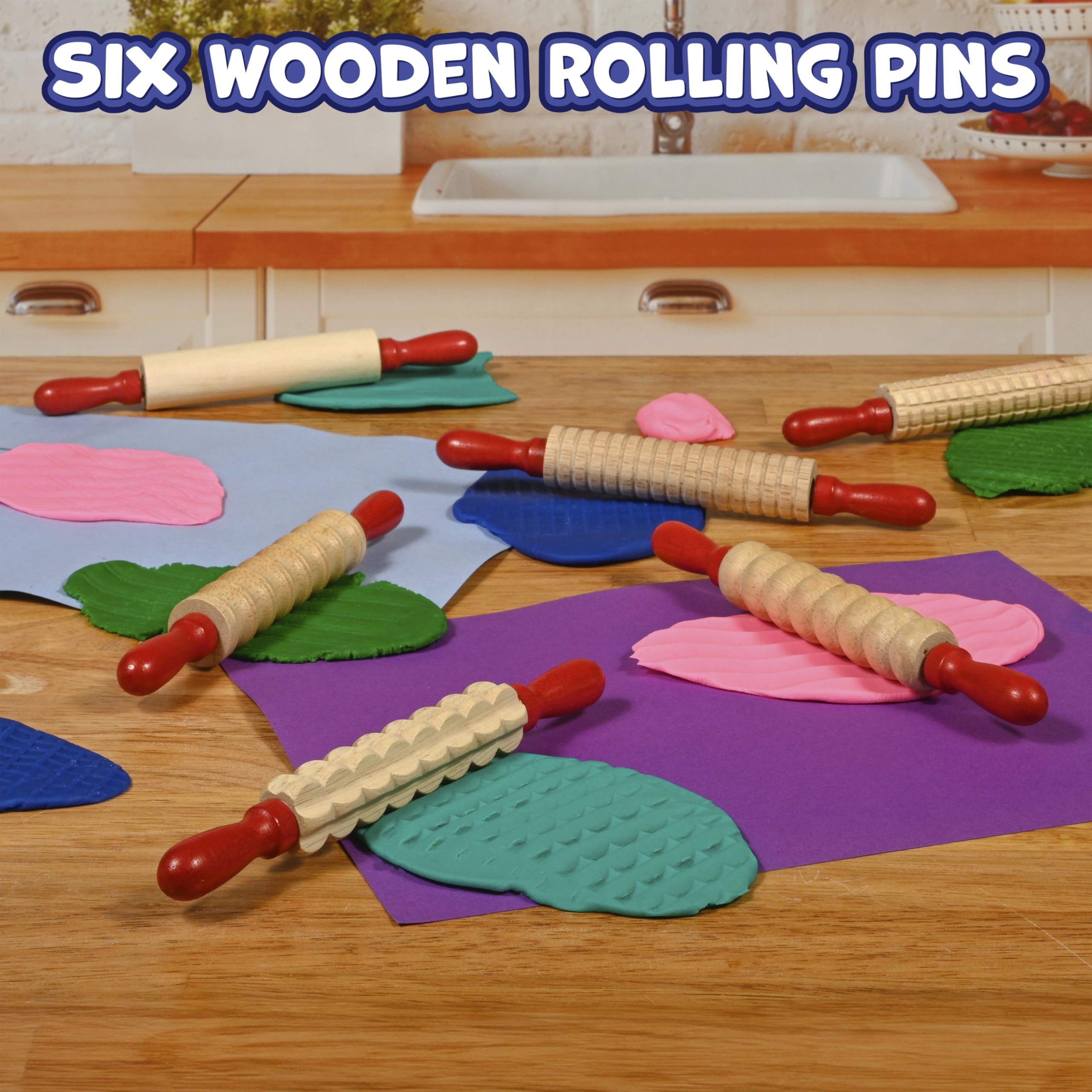 Ready 2 Learn Mini Textured Wooden Rolling Pins | Set of 6 | 7.25 inches | Turning Handles | Rollers for Kids' Dough, Crafts, Imaginative Play
