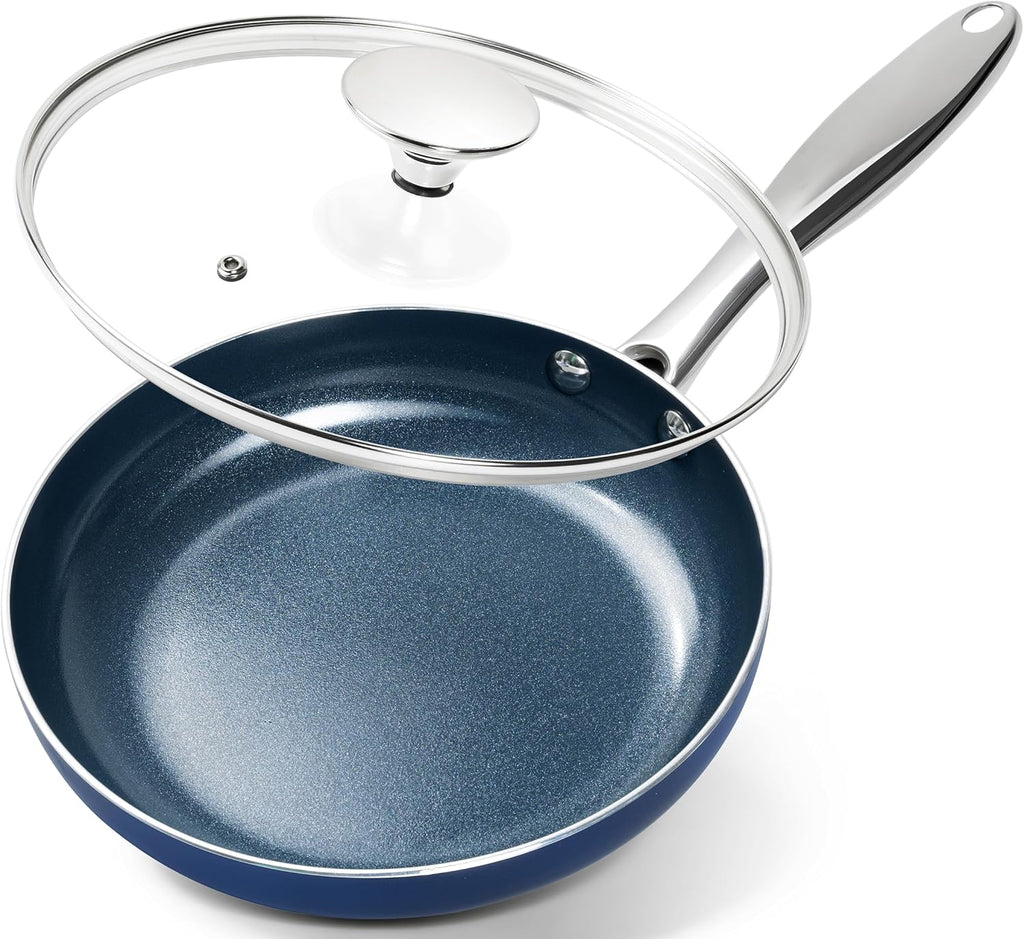 MICHELANGELO 8-Inch Nonstick Frying Pan - Non-Toxic Omelette Pan with Lid & Stainless Handle | Blue-Ceramic