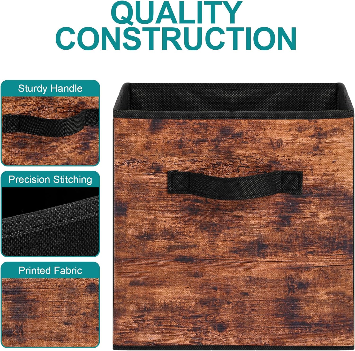 Stero Fabric Storage Cubes - 6 Pack Foldable Bins with Handles | 13 Inch Rustic Brown & Black Organizer