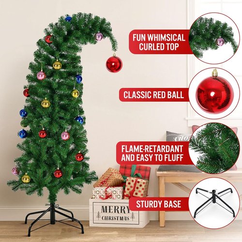 Hatisan 6FT Artificial Christmas Tree - Bent Green Design with Ball Ornaments & Metal Base | Holiday Decor
