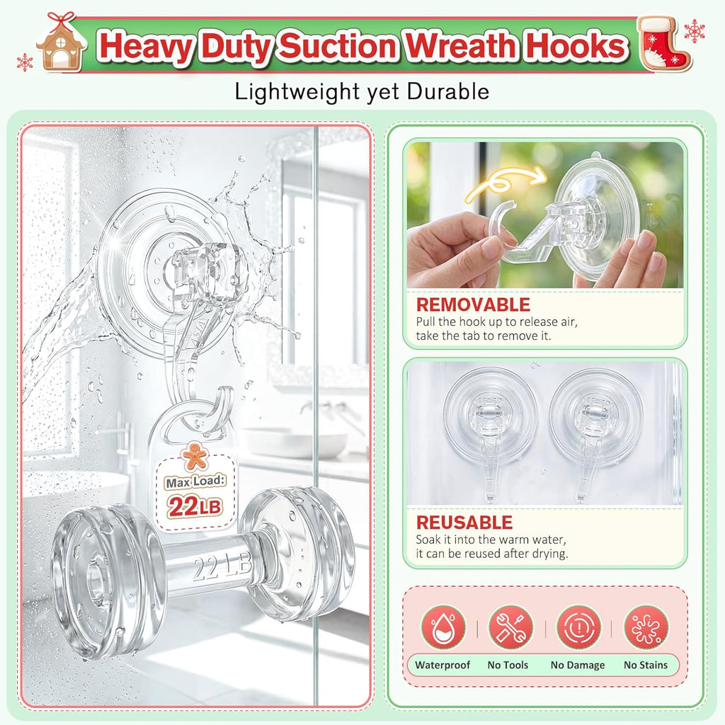VIS'V Wreath Hanger - Heavy Duty Suction Cup Hooks | 22 LB Capacity, Clear, 8 Pack, Removable & Reusable
