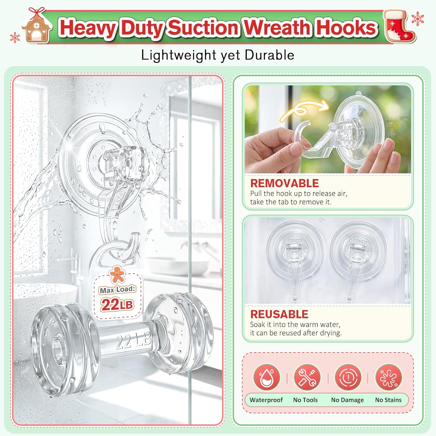 VIS'V Wreath Hanger - Heavy Duty Suction Cup Hooks | 22 LB Capacity, Clear, 8 Pack, Removable & Reusable