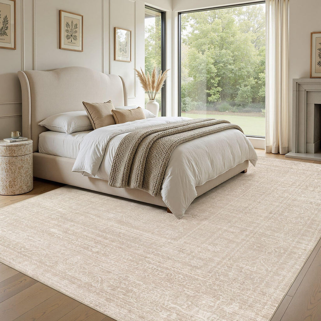 Nakagishi 5x7 Area Rugs Living Room: Washable Large Vintage Beige Rug Neutral Non-Slip Soft Stain Resistant Indoor Carpet for Bedroom Nursery Dining Room Under Table Bed Home House Office Playroom