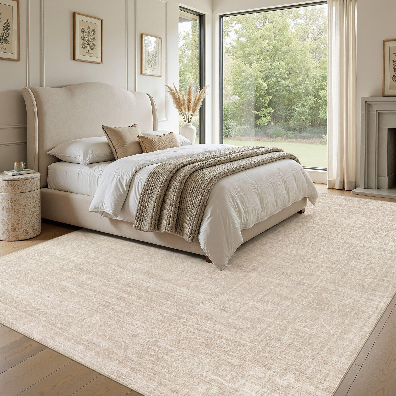 Nakagishi 5x7 Area Rugs Living Room: Washable Large Vintage Beige Rug Neutral Non-Slip Soft Stain Resistant Indoor Carpet for Bedroom Nursery Dining Room Under Table Bed Home House Office Playroom