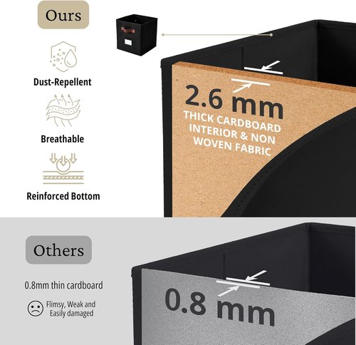 DECOMOMO Storage Bins - Fabric Cube Storage Bins with Labels | 10.5" x 11" - Set of 6, Black