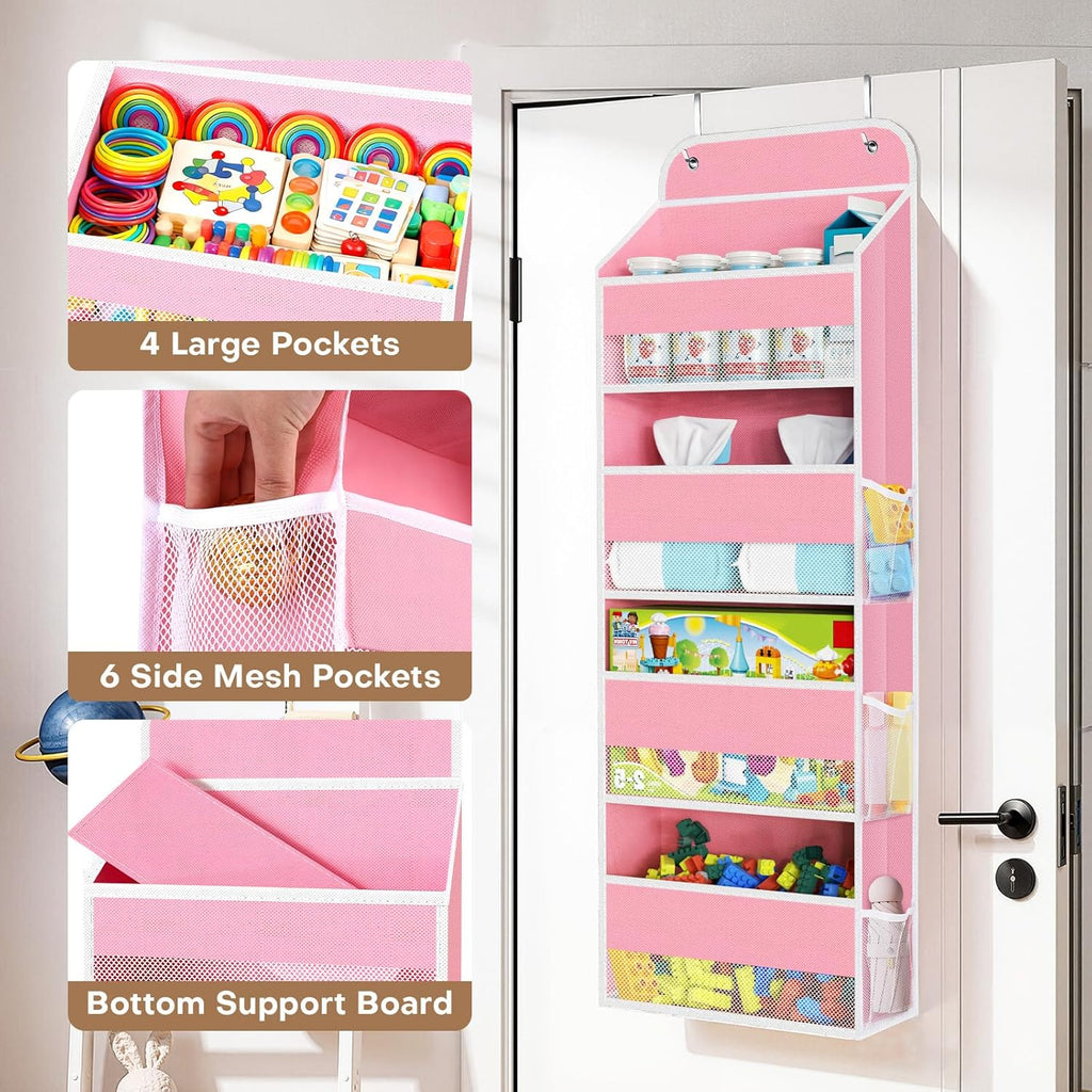 SpaceWhisper Over The Door Organizer - 4 Large Pocket Hanging Storage for Nursery, Bathroom & Closet (Pink)