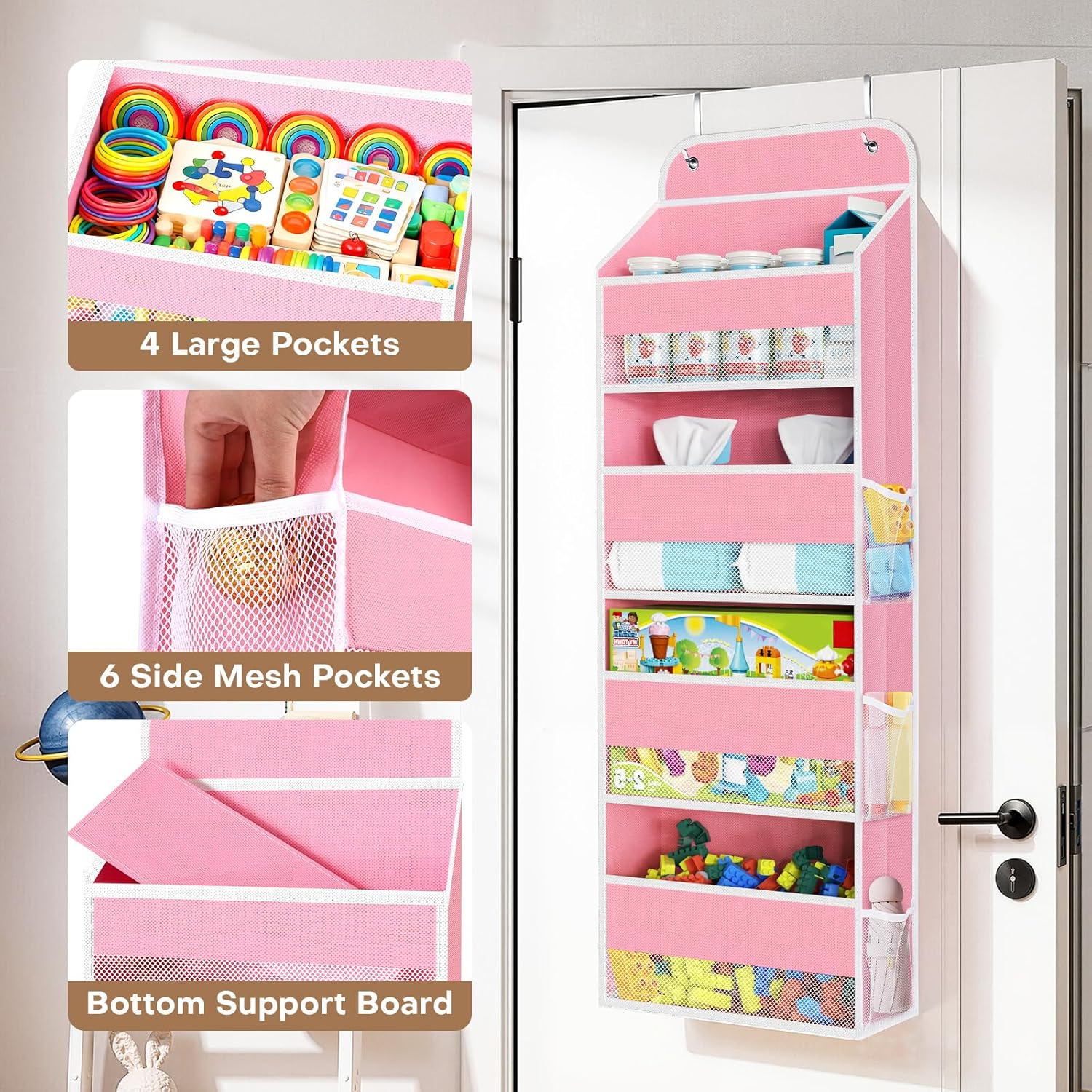 SpaceWhisper Over The Door Organizer - 4 Large Pocket Hanging Storage for Nursery, Bathroom & Closet (Pink)
