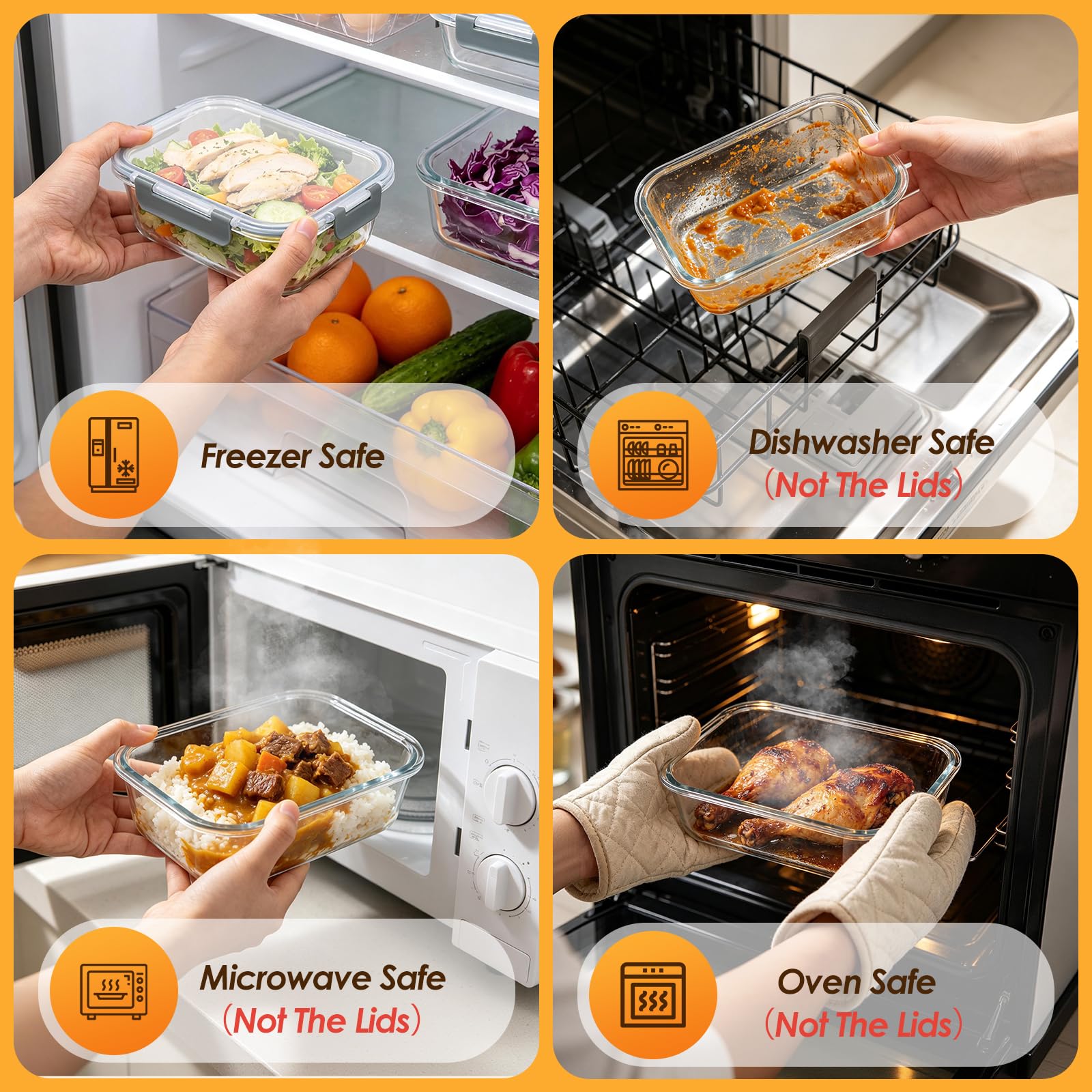KEKEGO 5 Pack 36oz Glass Storage Containers with Lids, Glass Meal Prep Food Container Sets with Snap Airtight Lid for Microwave, Oven, Freezer and Dishwasher, Grey