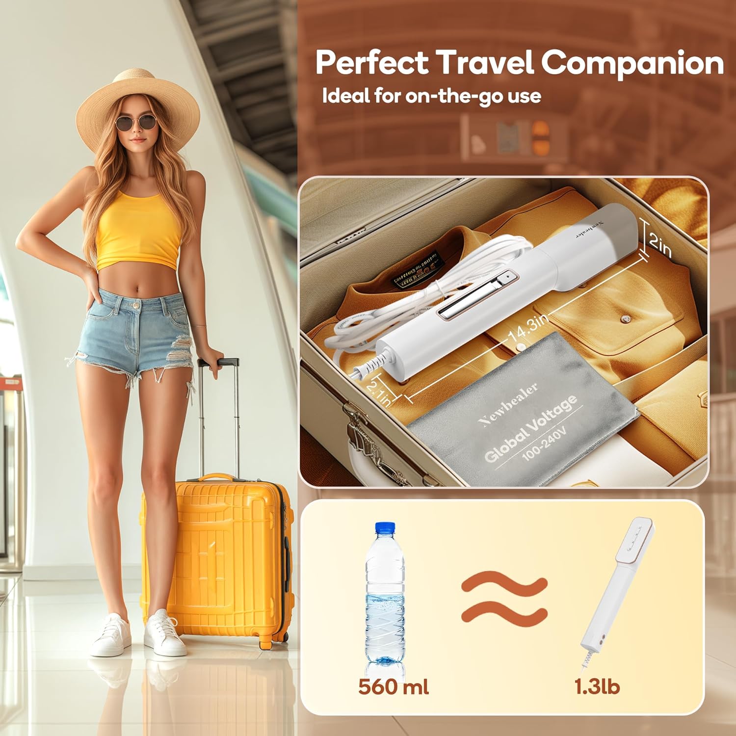 Newbealer Travel Iron - 2-in-1 Clothes Steamer & Dry Iron with Non-Stick Soleplate | Gold, 100-240V