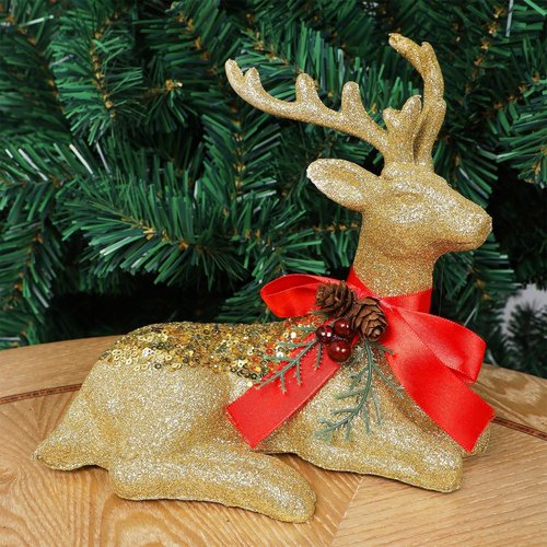 Juegoal Glitter Golden Reindeer Figurines - Set of 2 Christmas Tabletop Decorations | 12.6" Plastic Ornaments