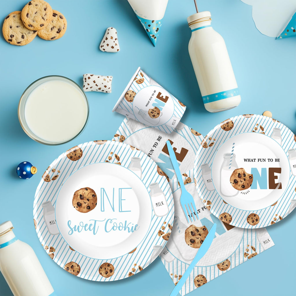 HIPVVILD Milk and Cookies 1st Birthday Decorations Tableware - One Sweet Cookie Birthday Party Supplies, Milk Theme Paper Plates and Napkins Set, Disposable Cutlery | Serves 24