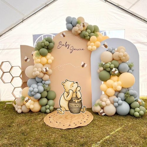 Classic Winnie Cutouts and Green Balloons Arch Kit Set Pastel Balloons for Pooh Baby Shower Decorations Birthday Party Supplies