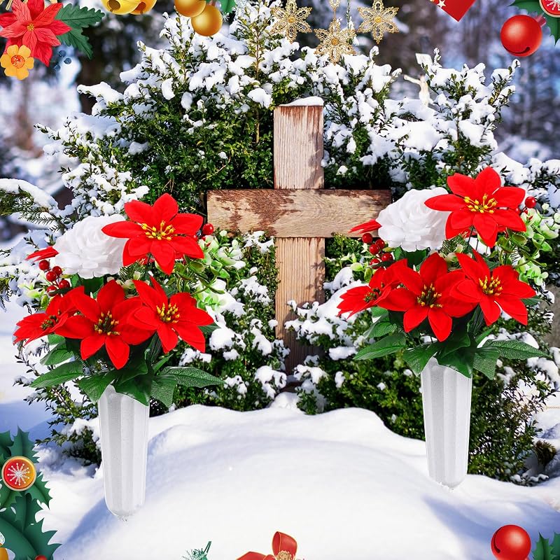 4 Set Christmas Flowers for Cemetery - Artificial Poinsettia with Grave Vase (Variation: 4+Poinsettia)