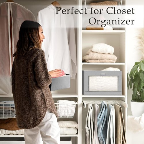 Criusia Linen Closet Organizers - 4 Pack Large Foldable Storage Baskets for Towels, Clothing & More | Grey