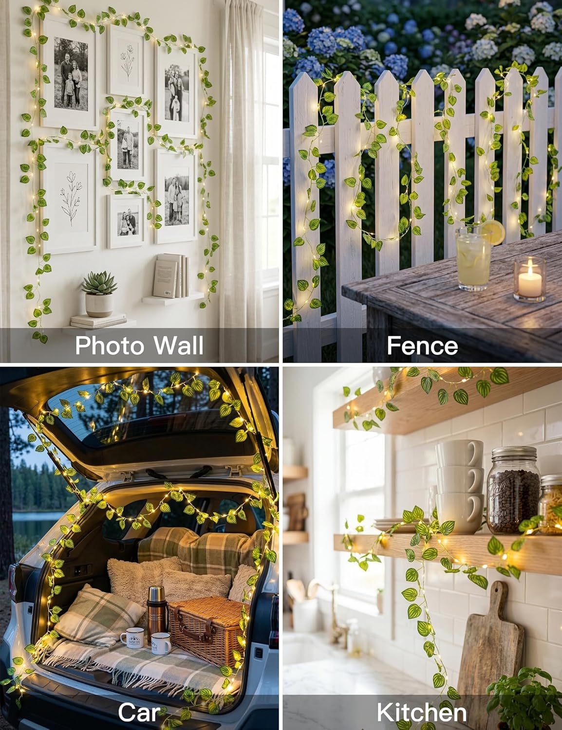 Suddus Vines String Lights - 33ft 100 LED Watermelon Leaves | Battery & USB Powered, Remote Control, Warm White